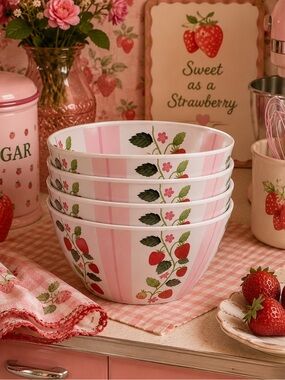 Harvest Green Studios Strawberry Bamboo Bowls – Set of 4, 6” Pink Shabby Chic